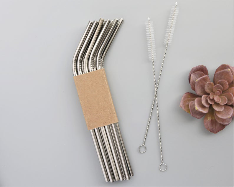 2-Piece or Singular Set Stainless Steel Straws with Cleaner
